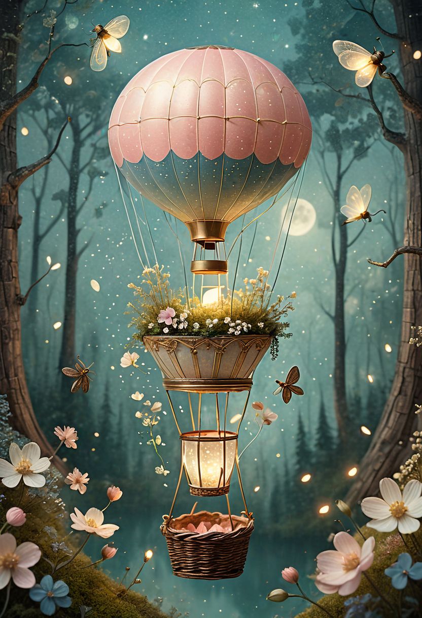 storybook illustration, fireflies in love, miniature hot air balloon, flower petal with detailed texture, moonbeams, whimsical forest background, soft colors, vintage fairytale aesthetic