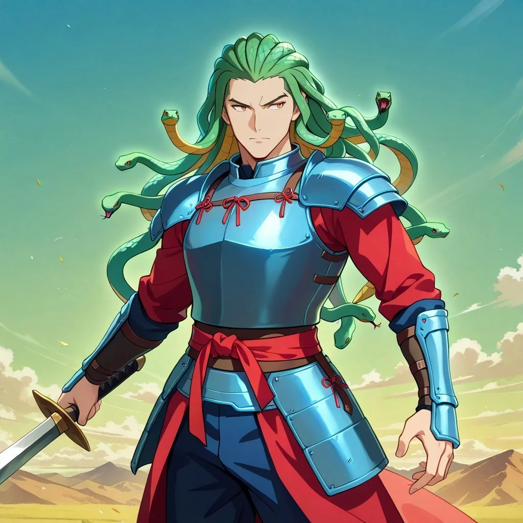 masterpiece, best quality, newest, absurdres, highres, anime, anime style, Snake hair, snake, snake_hair, 1boy, male focus, armor, weapon, holding weapon, holding sword,