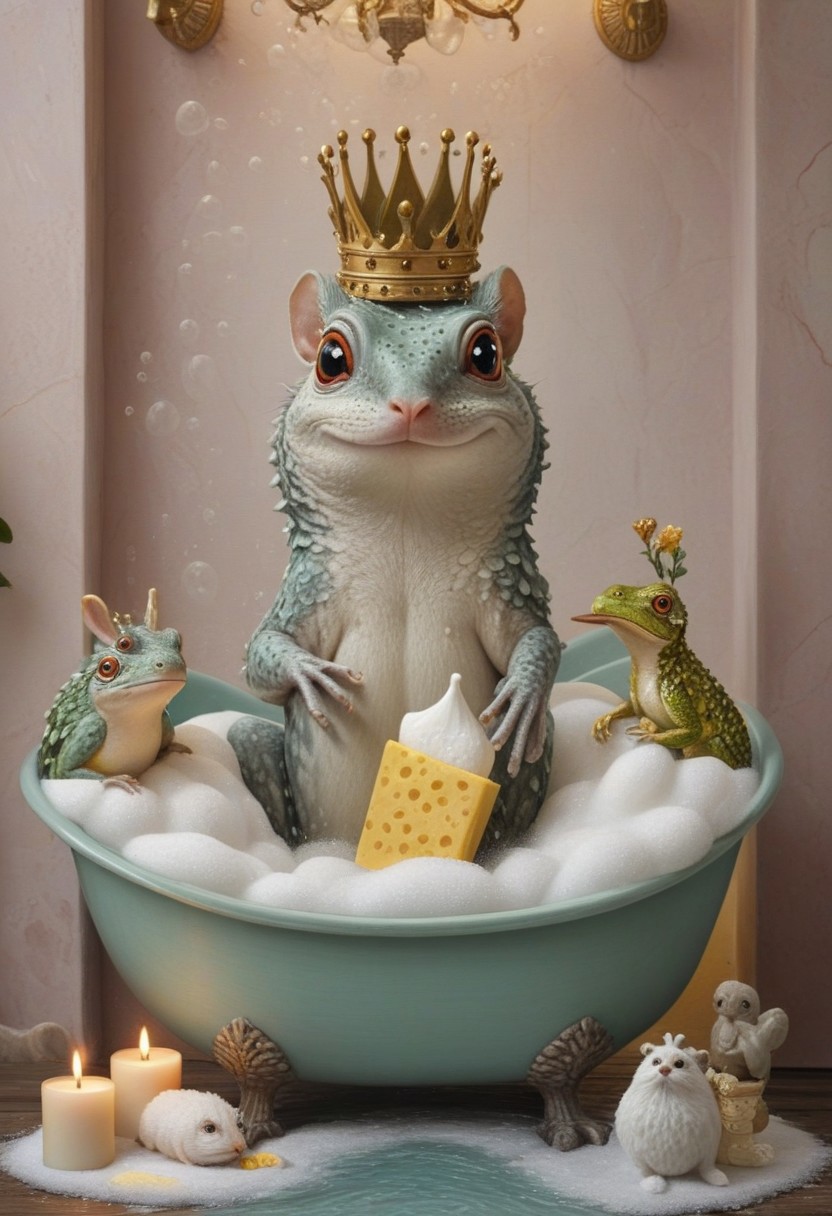 A small, adorable frog in a cozy bathtub filled with lots of foam and bubbles. The frog is splashing around, surrounded by fluffy white bubbles, some foam is stacked on top of its head. The frog is wearing a golden crown, and its tiny paws are reaching out as if playing with the bubbles, with a joyful and curious expression on its face. In the background, a series of cute animal servants, such as a mouse, a lizard, and a hornbill, are holding various bathing utensils like soap, a back scrubber brush, a towel, and a bathrobe. The bathroom setting is soft, with pastel and gold colors and gentle lighting to emphasize the cozy and cute atmosphere. Candles in the background underline the cozy atmosphere. The entire scene is rendered with meticulous attention to detail, reflecting a fusion of Dulk's playfulness and Dalí's surrealism, making it a captivating piece. Photorealistic Image, 64K, hyper detailed, soft light, pastel colors.