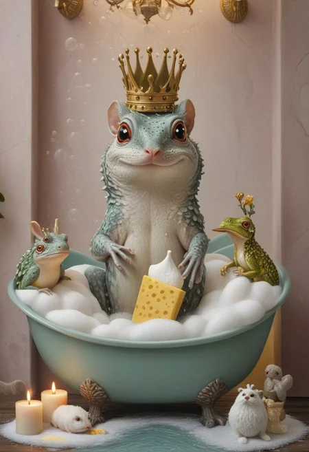 A small, adorable frog in a cozy bathtub filled with lots of foam and bubbles. The frog is splashing around, surrounded by fluffy white bubbles, some foam is stacked on top of its head. The frog is wearing a golden crown, and its tiny paws are reaching out as if playing with the bubbles, with a joyful and curious expression on its face. In the background, a series of cute animal servants, such as a mouse, a lizard, and a hornbill, are holding various bathing utensils like soap, a back scrubber brush, a towel, and a bathrobe. The bathroom setting is soft, with pastel and gold colors and gentle lighting to emphasize the cozy and cute atmosphere. Candles in the background underline the cozy atmosphere. The entire scene is rendered with meticulous attention to detail, reflecting a fusion of Dulk's playfulness and Dalí's surrealism, making it a captivating piece. Photorealistic Image, 64K, hyper detailed, soft light, pastel colors.