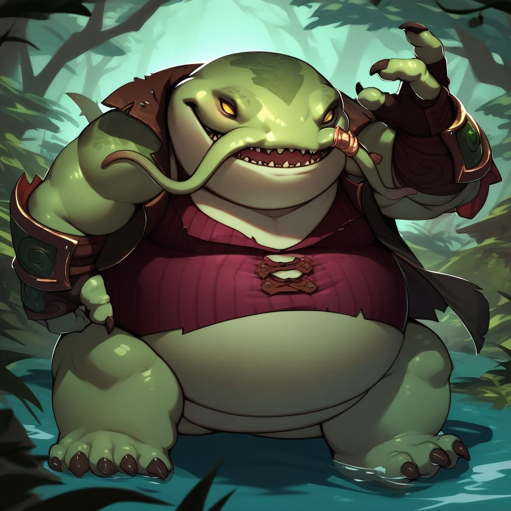 score_9, score_8_up, score_7_up, score_6_up, score_5_up, score_4_up, tahmkench, tophat, demon, catfish, green skin, yellow eyes, fat, obese, jacket, shirt, bottomless, fingerless gloves, bracers, flesh whiskers, action pose, forest background, swamp,