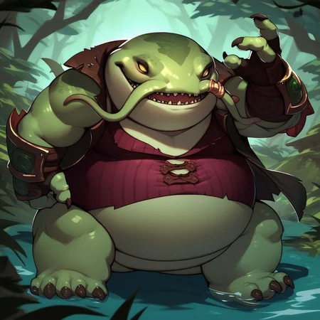 score_9, score_8_up, score_7_up, score_6_up, score_5_up, score_4_up, tahmkench, tophat, demon, catfish, green skin, yellow eyes, fat, obese, jacket, shirt, bottomless, fingerless gloves, bracers, flesh whiskers, action pose, forest background, swamp,