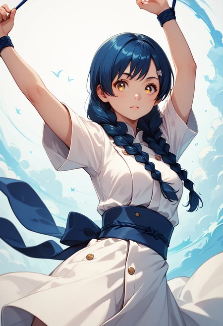 (tadokoro megumi),
score_9, score_8_up, score_7_up,masterpiece, best quality, ultra detailed,
A picture of a girl, solo, dynamic pose, dynamic angle, the girl is wearing a cook uniform,
A Japanese 1girl has blue hair which was bound into twin braids, yellow eyes and brown pupils, round face, (tender and slender:1.21) body with medium breasts, <lora:TadokoroMegumi_Pony_r1:1>