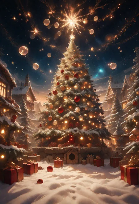 score_9, score_8_up, score_7_up, detailed, detailed shadows, r0b0t_s4nta_c1aus, magicalchristmas, christmas tree, outside, stars, sparkles, bubbles,