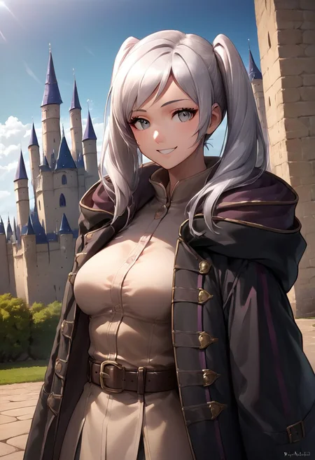 Score_9, score_8_up, score_7_up, score_anime, anime style, 1girl, solo, twintail,, medium breast, grey eyes, (coat), belt, light skin female, castle, castle hole, smile, (upper body),