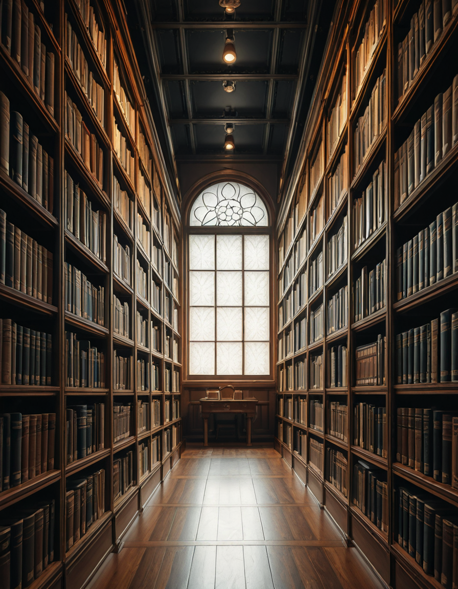 A quiet and dimly lit aisle in a grand university library, lined with tall wooden bookshelves filled with countless books of various sizes and colors. The shelves stretch high, nearly reaching the ceiling, with small ladders placed along the aisle for access to the upper rows. The soft glow of overhead lights casts a warm ambiance, illuminating the dust particles floating in the air. The floor is covered in polished hardwood or a subtle-patterned carpet, absorbing the quiet footsteps of visitors. At the far end of the aisle, a large window lets in a gentle stream of natural light, creating a contrast between the warm artificial glow and the cool daylight. Some books are slightly pulled out from the shelves, and a few are stacked on a nearby wooden table, suggesting recent use. The atmosphere is serene and intellectual, evoking a sense of knowledge, discovery, and timeless academia. The composition is symmetrical, drawing the eye down the center of the aisle, creating depth and perspective.
<lora:SDXLFaeTastic2400:0.4> <lora:extremely_detailed:0.4> extremely detailed, <lora:University_Library_41sl3-ill:1>,University Library 41sl3, Masterpiece,best quality,hi res,8k,hi res,8k,award winning,(sharp focus, intricate, highly detailed),
