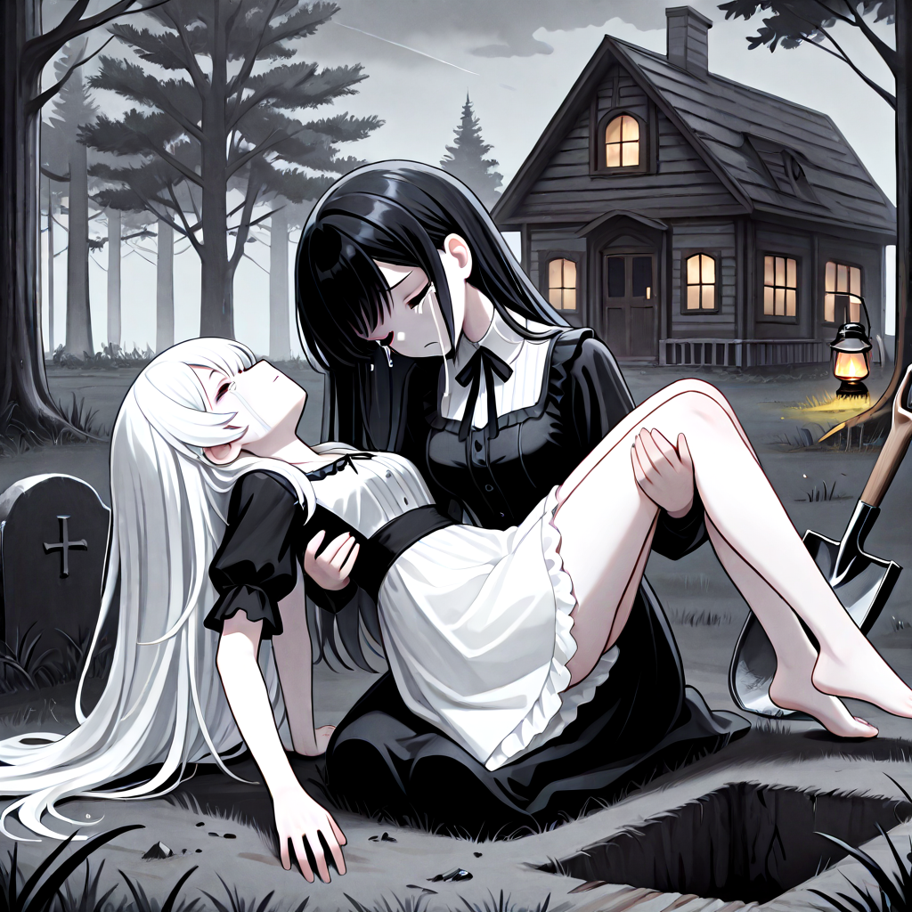 absurdres, explicit, grave digging, hand on ground, princess carry, 2girls, sleeping, carrying, crying, tears, sad, breasts, closed eyes, closed mouth, pale skin, long hair, black hair, white hair, gothic dress, bangs, tree, grass, death, corpse, victorian, house, building, oil lamp, lantern, shovel, fog, smog, grey sky, profile, from side, kneeling, seiza, head tilt, (((leaning back))), <lora:girlhategravedigging_ilxl:0.8>