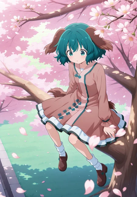 absurdres, highres, masterpiece, best quality, amazing quality, official anime artwork, screencap, anime screencap, outdoors, 
 <lora:Kyouko-Kasodani_Illustrious:1> kasodani kyouko, 1girl, solo, green eyes, green hair, medium hair, dog ears, dog tail,, brown dress, long sleeves, white socks, brown footwear,  
from above, looking down, sakura, tree, sitting, petals,