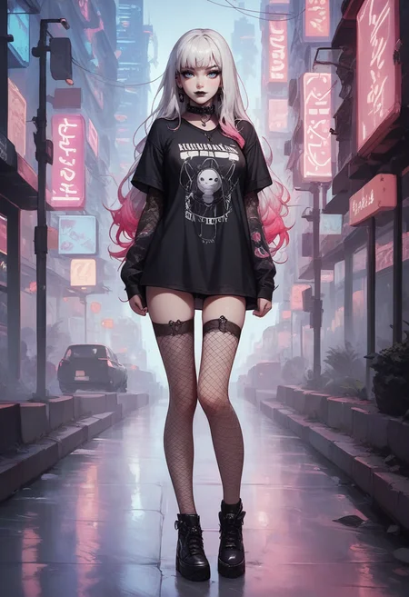 score_9, score_8_up, score_7_up,Goth girl, goth girl 1girl, 1girl,solo,long hair,breasts,looking at viewer,bangs,medium breasts, soft smile, shirt, fishnet stockings, white hair,blue eyes,multicolored hair,collar,black shirt,eyelashes,gradient hair,makeup,piercing, night, city  background, neon lights, gothic,long eyelashes,black lips, standing,  ((full body)), <lora:Goth_girl_XL-v2:0.8>, <lora:[GP] somethingweird [Pony XL]:0.2>, <lora:g0th1cPXL:0.3>, <lora:Concept Art Twilight Style SDXL_LoRA_Pony Diffusion V6 XL:0.8>,