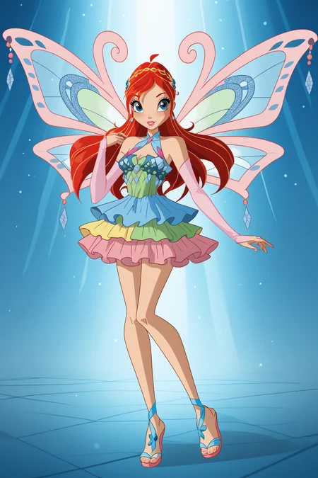 <lora:Character_Bloom_Winx:1>, bloom (winx),enchantix, butterfly wings, colorful dress, blue sandals, blue eyes, pink sleeves, hair ornament, red hair