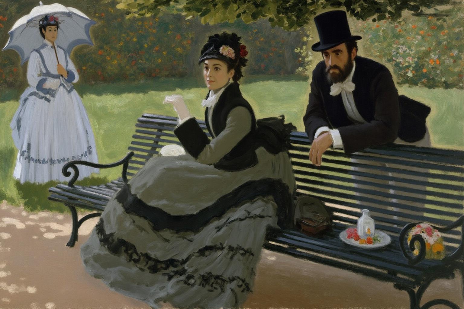 claudemonet1 painting. A garden scene with a woman sitting on a wooden bench, dressed in a dark, voluminous Victorian-era dress with a bustle and a matching hat adorned with flowers. Behind her, a man in a top hat is leaning against the back of the bench. In the background, a woman is holding an open parasol.  <lora:claudemonet1_cap_d8a4e12:1.0><lora:843290105566260509:0>