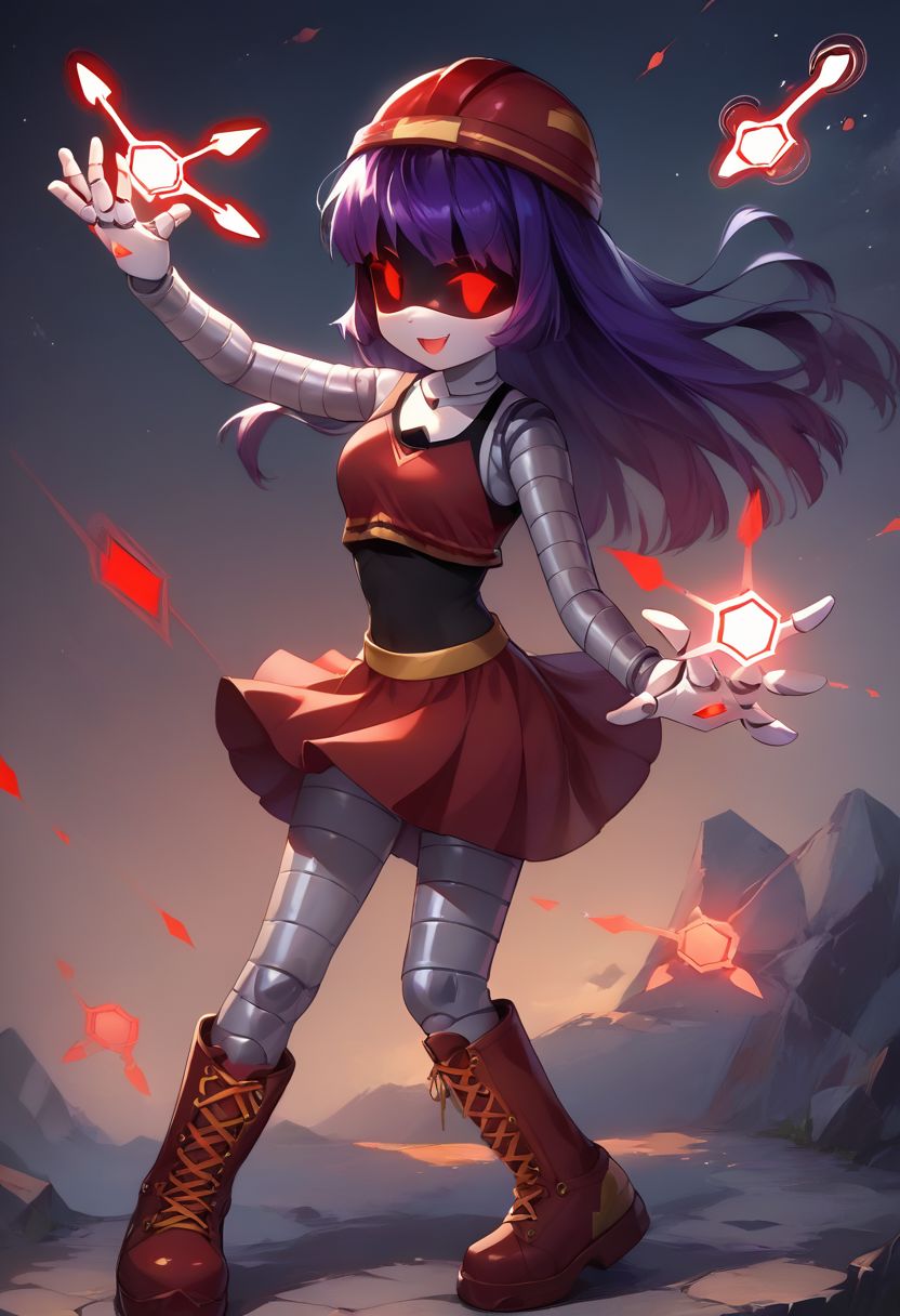 score_9,score_8_up,score_7_up, ASCII,masterpiece,
MD-Doll,android, robot, joints, mechanical_arms, mechanical legs, pixie cut purple hair, hollow eyes, red pixel eyes,red crop top, red skirt, black tank top, red boots, red dress, casting spell, magic, glowing hand,red helmet,dinamic pose,voluptuous,