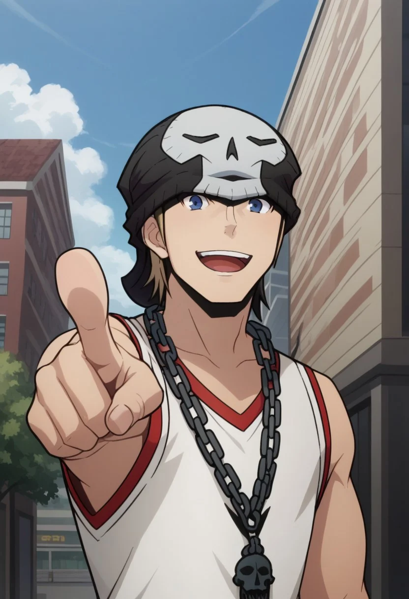 score_9, score_8_up, score_7_up, source_anime, highly detailed,
daisuke, 1boy, solo, blue eyes, male focus, pointing, chain, looking at viewer, smile, chain necklace, open mouth, pointing at viewer, blonde hair, necklace, white shirt, beanie, upper body,
outdoor, street, building, sky, cloud,