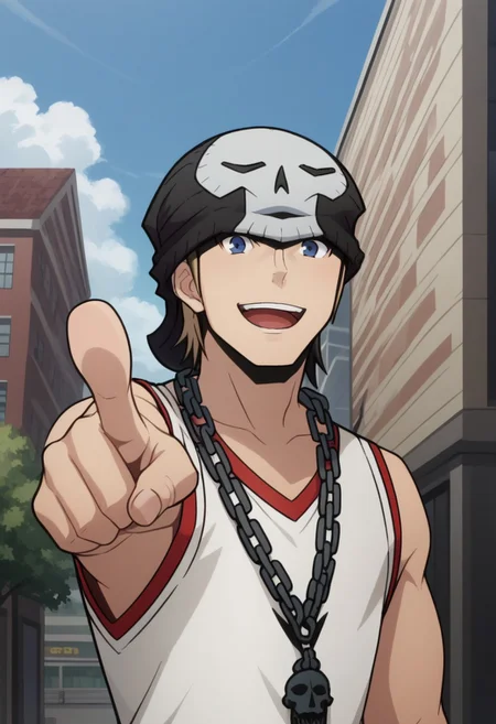 score_9, score_8_up, score_7_up, source_anime, highly detailed,
daisuke, 1boy, solo, blue eyes, male focus, pointing, chain, looking at viewer, smile, chain necklace, open mouth, pointing at viewer, blonde hair, necklace, white shirt, beanie, upper body,
outdoor, street, building, sky, cloud,