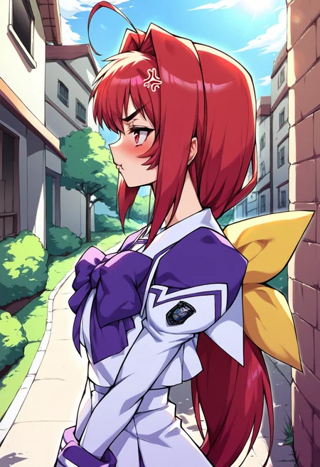 score_9, score_8_up, score_7_up, score_6_up, source_anime, uncensored, zPDXLxxx, <lora:intricate_details:0.5> intricate_details_xl, outdoors, town, day, sunlight, sunbeam, depth of field, silhouette, close-up, face focus, from side, looking to the side,
<lora:Muv_Luv_Kagami_Sumika_v1.0-000040:1> kagami_sumika, Hakuryou uniform, 1girl, solo, long hair, bow, red hair, ponytail, antenna hair, hair intakes, red eyes, purple bow, yellow bow, bowtie, standing, arms down, (pout, puffy cheeks:1.1), anger vein,