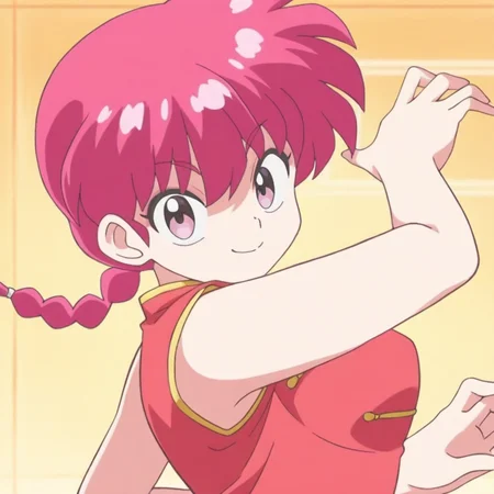 ranmaxd, 1girl, solo, red hair, braided ponytail, single braid, pink eyes, chinese clothes, medium breasts, looking at viewer, smile, dynamic pose,