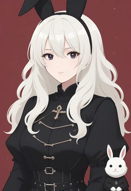 create a white haired anime girl, with wavy hair, pale skin, On his face he has a rabbit mask, black porcelain rabbit mask, dressed in a medieval corset, with black medieval clothing, anime style