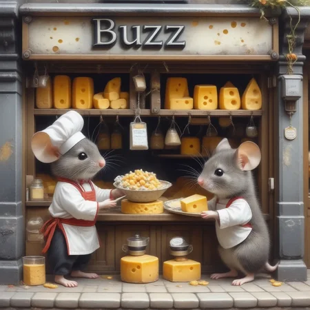 A store selling Cheese with a signboard saying "Buzz", the store is operated by mice, a mouse wearing chef uniform selling cheese, and another mouse is buying