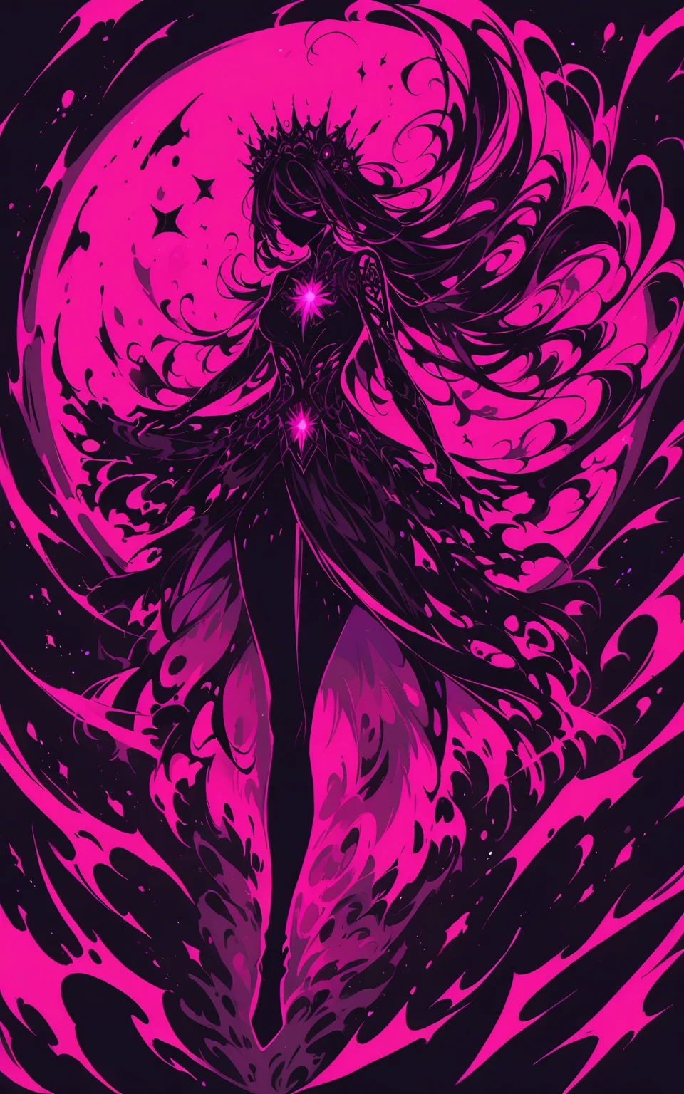 dark energy, intricate design, dark background, extremely detailed, predominant pink tones, one womansilhouette, best quality, blacklight illumination, limited palette, very aesthetic, vibrant magenta hues, portal to another world, masterpiece