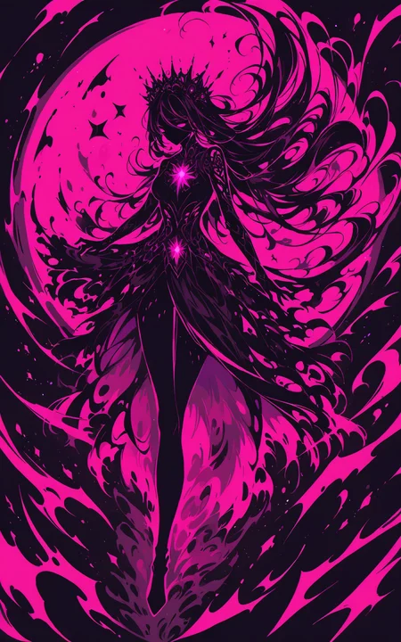 dark energy, intricate design, dark background, extremely detailed, predominant pink tones, one womansilhouette, best quality, blacklight illumination, limited palette, very aesthetic, vibrant magenta hues, portal to another world, masterpiece