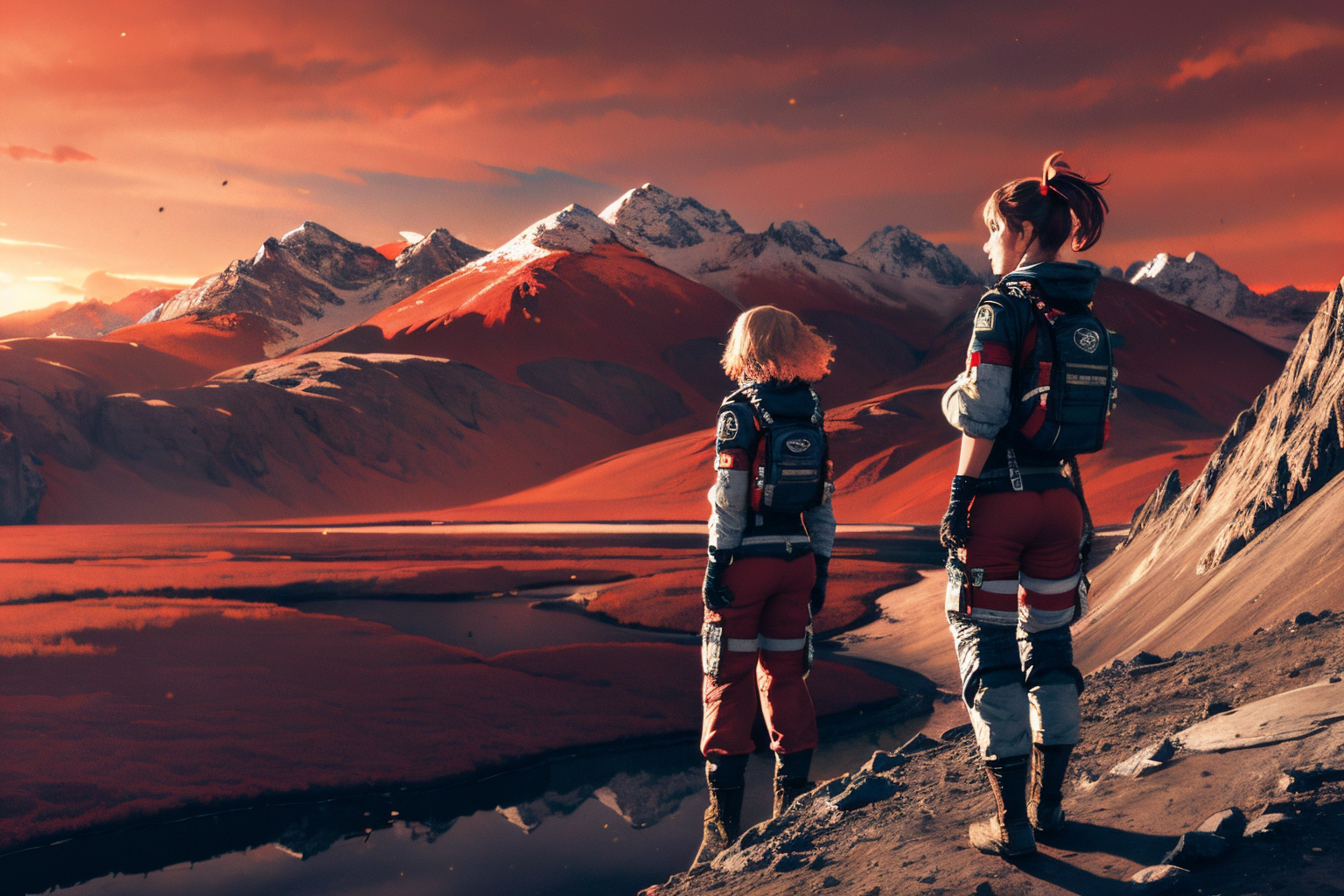 (Realistic:1.5) SyFyEye1, lake, landscape, debris, mountainous horizon, multiple girls, cloudy sky, spacesuit, gloves, red sky, pants,  <lora:SyFyEye1_v2.0:0.8>