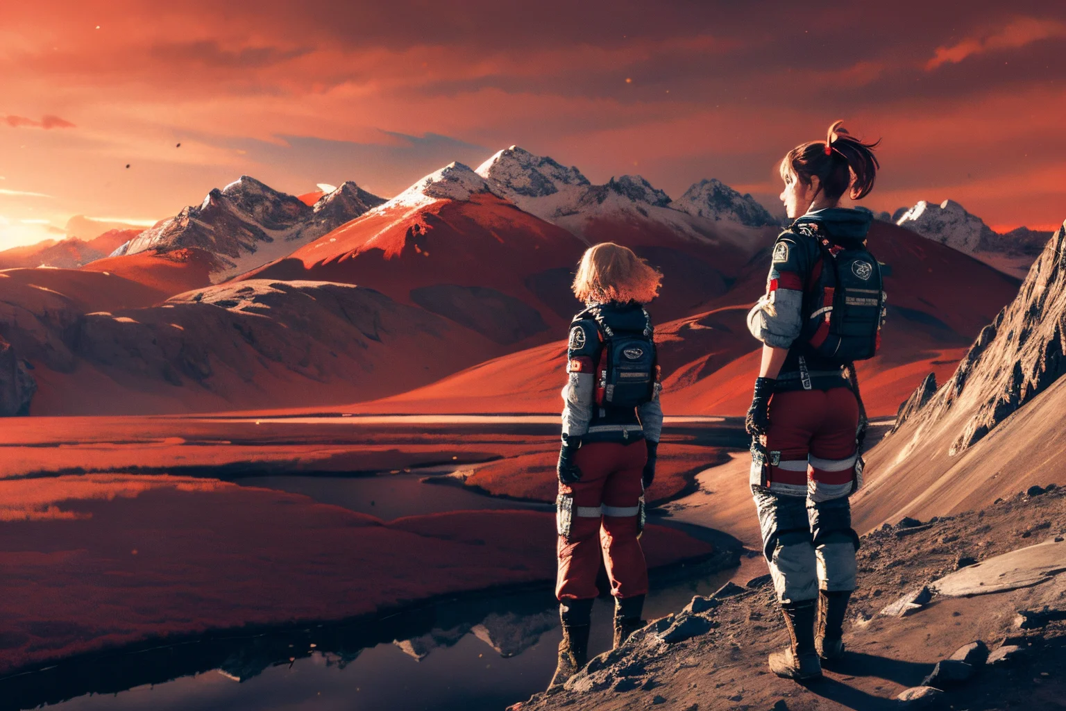 (Realistic:1.5) SyFyEye1, lake, landscape, debris, mountainous horizon, multiple girls, cloudy sky, spacesuit, gloves, red sky, pants, <lora:SyFyEye1_v2.0:0.8>