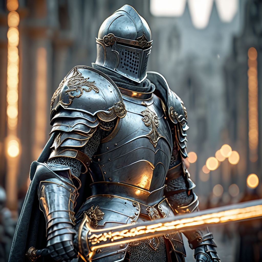 Close up shot of beautiful knight, wearing armor and helmet, standing up, holding glowing sword, fantasy city in background, HD, masterpiece, best quality, hyper detailed, ultra detailed, super realistic