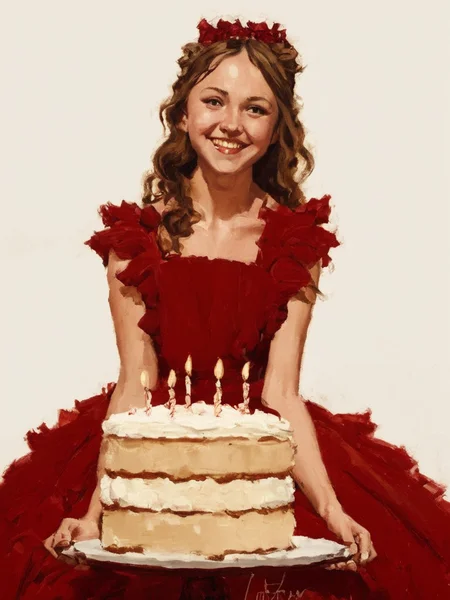 <lora:SDXL_Happy_Birthday_Sa_May-v7:1> Happy Birthday! A classic-style painting portrays a young woman in a deep red dress with a full, ruffled skirt with cake .  "Happy Birthday" is written in white elegant
