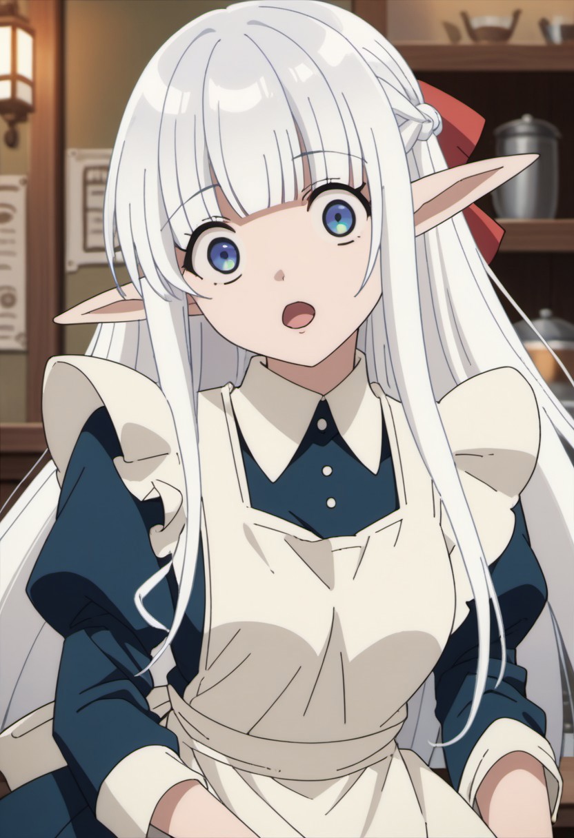 score_9, score_8_up, score_7_up, source_anime, nephelia, long hair, pointy ears, elf, white hair, blue eyes, 1girl, solo, blunt bangs, anime coloring, looking at viewer, apron, open mouth, wide-eyed