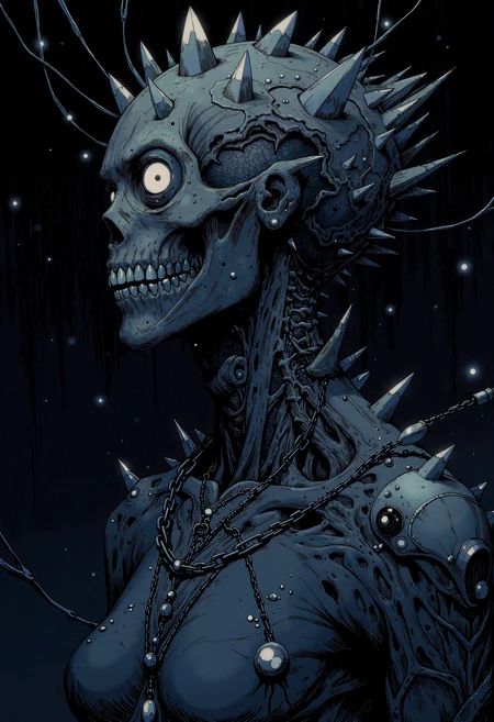A hauntingly beautiful hyperrealistic digital painting of a grotesque, crystal-encrusted character portrait. The subject, a once-powerful crystal-magic user, now deceased, is rendered in extreme close-up, their face a testament to their tragic obsession. The palette is dominated by deep, foreboding monochromatic tonesâshades of black, grey, and dark blue, creating a somber, cinematic atmosphere. Loose, expressive brushwork with visible texture adds a sense of raw intensity and movement. The characterâs body is horribly deformed, partially crystalized, with large, jagged crystals protruding from their skin, nose, ears, and eye sockets. Their skull is misshapen, stretched to accommodate a crystalized, protruding brain, a grim result of their quest for infinite knowledge. Despite their terrifying appearance, the character retains a haunting trace of their former beauty, with deep mulberry undertones in their skin and an impossibly tall, dark, and serpent-like presence. The lighting is dramatic, with deep shadows accentuating the eerie, otherworldly transformation, as if the malevolent cosmic force they sought to control now dominates their being. The overall composition is highly stylized, intricate, and detailed, capturing the essence of a being consumed by ambition and remade in the image of a terrifying, eldritch power., Special Ink-drawing mode, intricate linework with expressive contrasts, soft lighting with dynamic highlights, 2D flat anime GTHAN, Gothic, ZanyEyesStyle, Nistyle,.,hyperrealistic digital painting, extreme close-up, character portrait, dark monochromatic color scheme, shades of black grey dark blue, somber foreboding atmosphere, loose expressive brushwork, visible texture, intense movement, deceased crystal-magic user, grotesque deformation, partial crystallization, crystals protruding from skin nose ears eye sockets, misshapen skull, crystalized protruding brain, quest for infinite knowledge, tall dark creepy scary, highly stylized intricate detailed, deep mulberry undertones, serpent-like presence, dramatic lighting, deep shadows, eerie otherworldly transformation, malevolent cosmic force, eldritch power, haunting trace of former beauty, cinematic, intense emotional weight, tragic obsession, preserved for eternity, deformed remade in frightening image, cosmic influence, malevolent energy, dark magic corruption, crystalized flesh, intricate crystal, Special Ink-drawing mode, intricate linework with expressive contrasts, soft lighting with dynamic highlights, 2D flat anime GTHAN, Gothic, ZanyEyesStyle, Nistyle,.,<lora:FLUX_anime_Special Ink-drawing mode_merge_24_medium_3_00001_:0.374> Special Ink-drawing mode, intricate linework with expressive contrasts, soft lighting with dynamic highlights, 2D flat anime<lora:GTHAN-F:0.66> GTHAN, Gothic,<lora:ZanyEyesStyleFlux:0.247> ZanyEyesStyle,<lora:test2-000013-nistyle:0.583> Nistyle