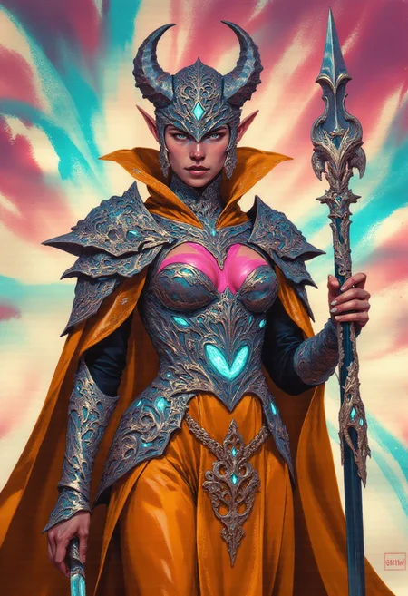 A digital drawing in a highly detailed fantasy art style. The subject is a female warrior with a fierce, determined expression. She is dressed in ornate, metallic armor that covers her upper body and arms, with a high collar and intricate, neon pink-embroidered chest piece. Her armor is predominantly iridescent violet with luminous cyan and magenta accents, giving it a striking and ethereal appearance. She wears a large, spiked helmet adorned with a glowing electric blue crown-like decoration. Her attire includes a long, flowing cape in radiant orange that drapes over her shoulders and down to her ankles, adding a sense of majesty and power. The cape is intricately detailed with shimmering neon green and electric purple threads, and has a tassel at the bottom. She holds a long, ornate staff in her right hand, decorated with glowing fuchsia and teal elements, and a matching sword in her left. Her armor and cape are complemented by a bright, gold-embroidered sash in fiery yellow that wraps around her waist, adding a touch of elegance. Her skin is light brown, and her eyes are an intense, glowing turquoise, enhancing her fierce appearance. The background is an explosion of vibrant, luminous colors blending hot pink, electric blue, and neon green in a swirling pattern, making the subject stand out with a dramatic, otherworldly energy.