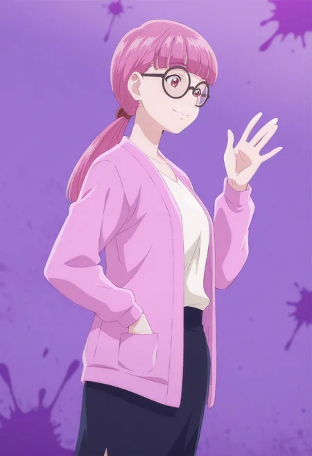 anime screencap, anime coloring, 1girl,  solo,    <lora:DX888TerukoIL:1> matsubara teruko, red eyes,freckles, pink hair, long hair, low ponytail, glasses, pink blazer, white shirt, pencil skirt, BREAK purple background, splatter background, BREAK dutch angle,  from side, dynamic pose, posing, smile,       waving, standing, legs apart,  upper body,