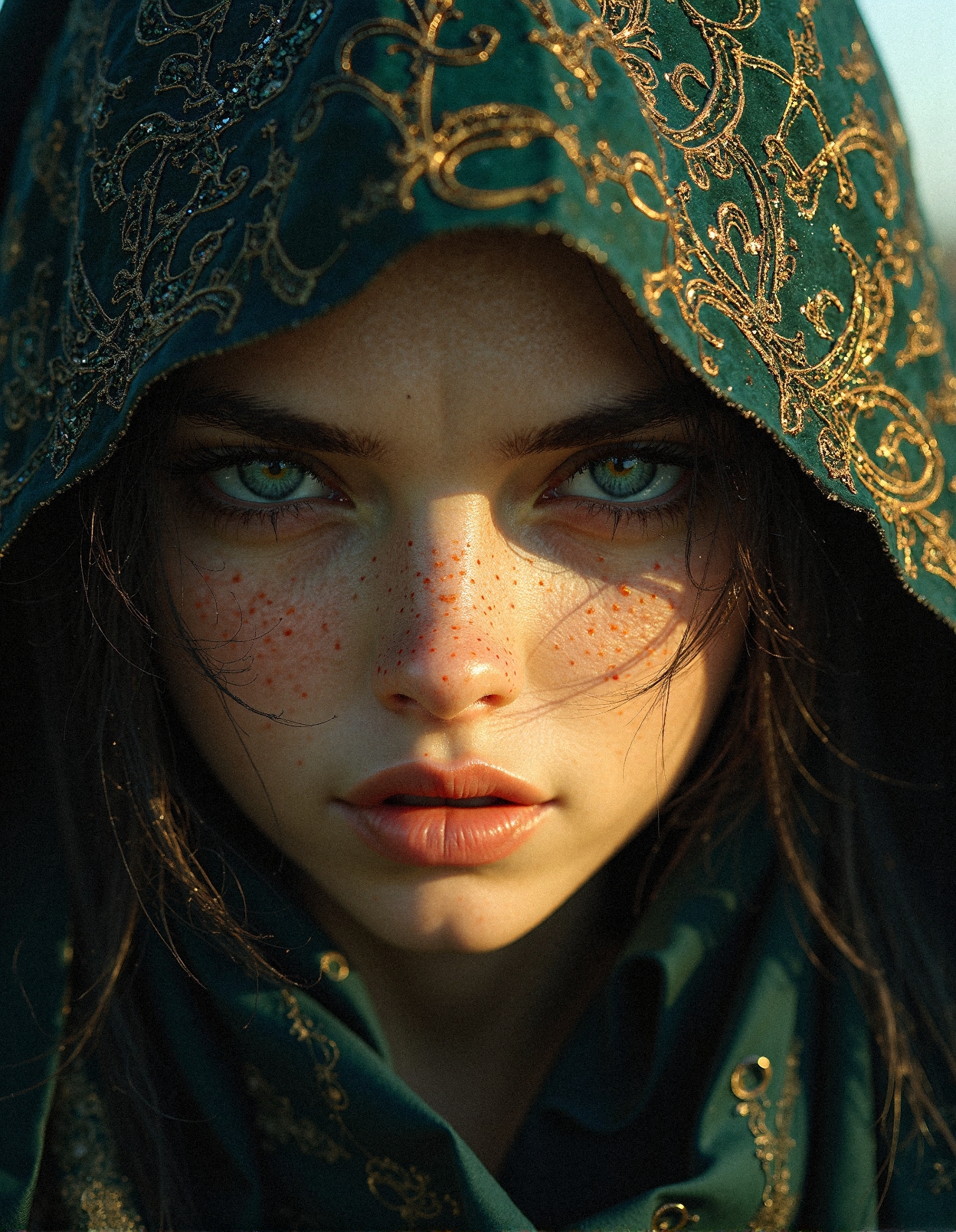 A breathtaking close-up of an arcane warrior, their intense jade-green eyes piercing through the darkness, reflecting an ancient power beyond mortal understanding. Their black hood is woven with enchanted metallic filigree, shimmering subtly under the fractured glow of an unseen celestial force. The warrior's face, partially veiled by an intricately patterned scarf, reveals delicate but battle-hardened skin with intricate, barely perceptible rune-like scars. The interplay of golden sunlight and dark shadows forms an exquisite contrast, emphasizing the warrior’s enigmatic presence. Strands of soft, wind-tousled hair catch the light, accentuating the hyper-realistic depth and texture of their appearance. Each fabric fold, metallic reflection, and micro-detail in the embroidery is captured with ultra-precision, combining elements of dark fantasy and photorealistic cinematic artistry with a hauntingly beautiful aesthetic.
 <lora:MoriiMee_Gothic_Niji_Style_FLUX:0.5> <lora:realism_lora_comfy_flux_converted:0.5>