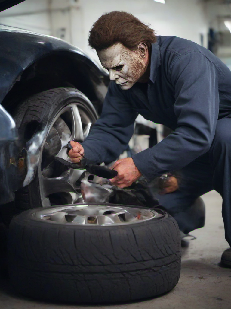 Masterpice,High Quality,
 <lora:PE_Michael Myers:0.8> PEMichaelMyers,
mechanic,changing a tire on car,fixing car