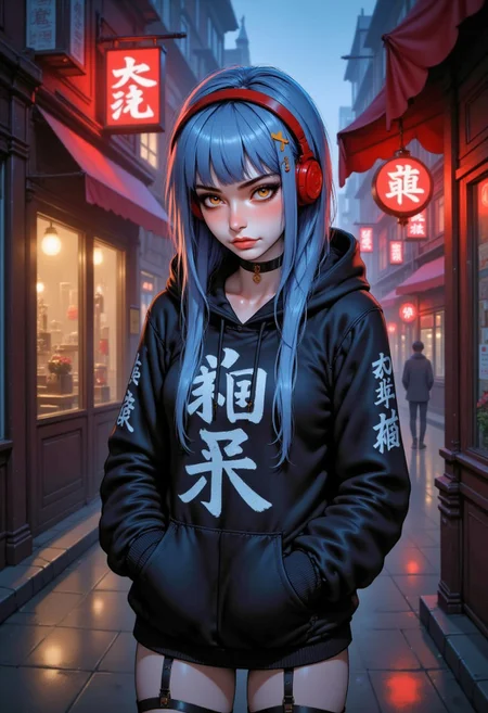 This is a highly detailed digital illustration depicting a young woman standing in a dimly lit, neon-lit alleyway at night. The woman has a pale complexion, very long blue hair, and large, expressive red eyes. She is wearing black hoodie. her hands are in the hoodie's pockets.Her outfit includes a red choker, black finger-less gloves, and black suspender stockings. Her black hoodie has white kanji characters on it. The hood of her hoodie is down. She has a pair of very large, red headphones over her ears. The alleyway is lined with traditional Japanese-style shops, with red and white lanterns hanging above and red kanji characters on the shop signs. The ground is wet, suggesting recent rain, and the alley is dimly lit by the neon lights, casting a cool, blue hue over the scene. In the background, a blurred figure of a man walking away adds depth to the setting. The overall atmosphere is moody and slightly eerie, with a blend of modern and traditional elements, creating a unique and immersive urban fantasy aesthetic. Realistic anime style. Closeup.