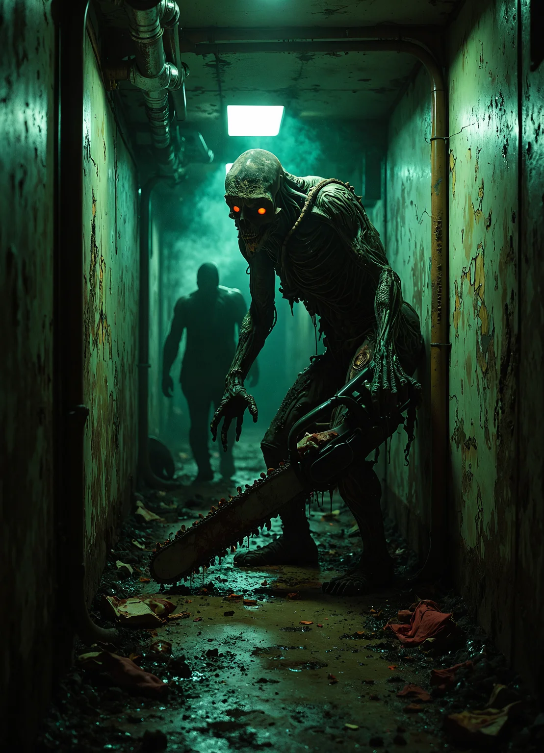 A nightmarish scene in a dimly lit, decaying hallway. Peeling wallpaper and cracked plaster walls drip with an unsettling, viscous substance. Flickering, sickly green fluorescent lights cast eerie shadows. At the far end, a monstrous silhouette looms, its proportions grotesquely distorted. The creature's massive, oil-stained chainsaw gleams dully, easily twice the size of a normal human. Its blade drips with dark, congealed fluid. The monster's skin is a patchwork of rotting flesh and exposed muscle, with random mechanical parts fused to its body. Glowing red eyes pierce the gloom, filled with malevolent hunger. Torn and bloodied scraps of clothing litter the floor, hinting at previous victims. Rust-covered pipes line the walls, occasionally releasing bursts of foul steam. The air is thick with the scent of decay and motor oil. Shadows seem to writhe and reach out as the creature slowly advances, the menacing growl of its chainsaw echoing off the walls. Hyper-detailed textures emphasize the grime, rust, and decay throughout the scene.