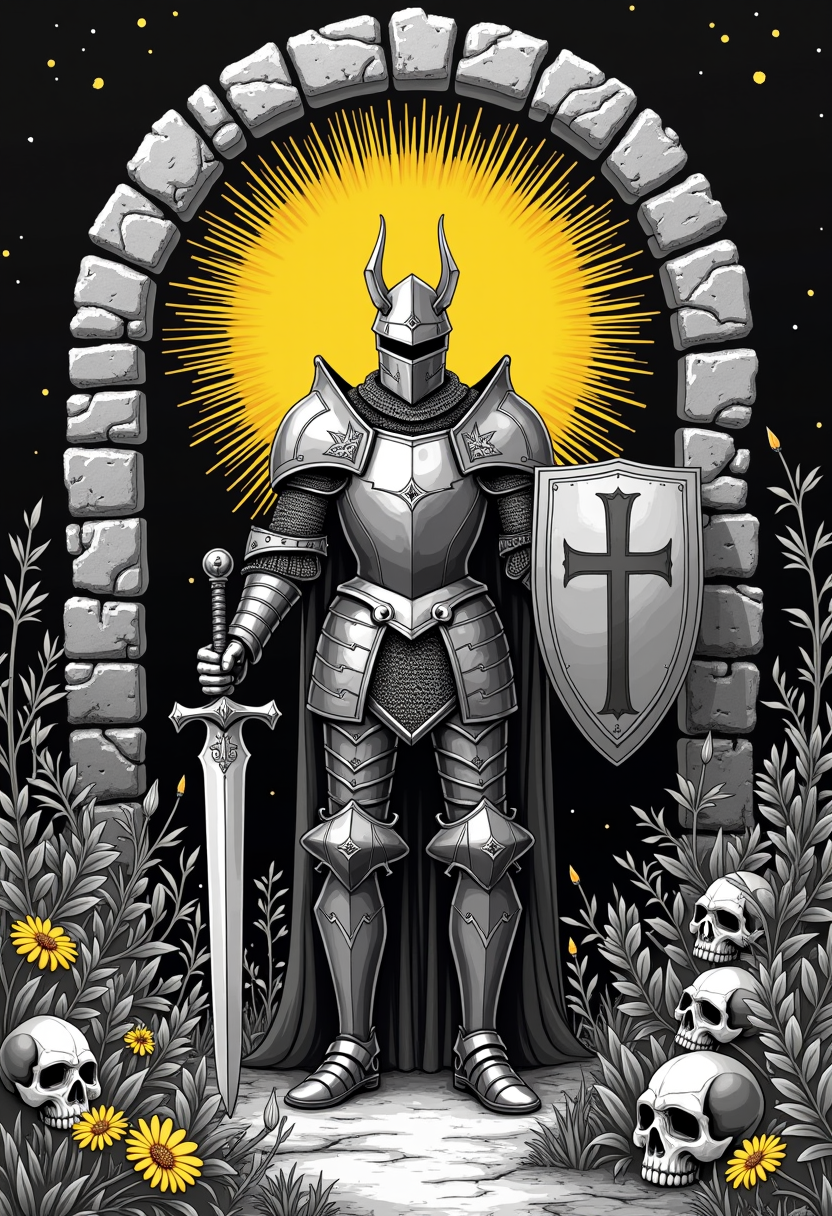 high quality, highly detailed, colorful, abstract, fantasy, fantasy background, The image is a black and white illustration of a knight in full armor, standing in front of a stone archway. The knight is holding a sword in his right hand and a shield in his left hand. He is wearing a helmet with spikes on top, and his face is covered in a mask. The armor is made up of multiple layers of metal, with intricate patterns and designs. The shield is also covered in armor and has a cross on it. The background is dark, and the archway is made of stone, with a large yellow sunburst design in the center. Surrounding the knight are various plants and flowers, including leaves, flowers, and skulls. The overall mood of the image is dark and ominous., aby Lens, medium shot, looking at viewer, deep focus, Canon EOS M50 Mark II Mirrorless Camera, soft light<lora:FLUX\boFLUX Neon Abyss.safetensors:0.6:0.6>