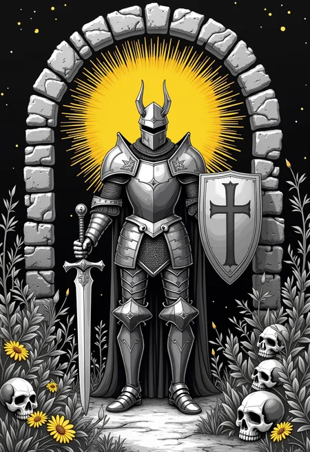 high quality, highly detailed, colorful, abstract, fantasy, fantasy background, The image is a black and white illustration of a knight in full armor, standing in front of a stone archway. The knight is holding a sword in his right hand and a shield in his left hand. He is wearing a helmet with spikes on top, and his face is covered in a mask. The armor is made up of multiple layers of metal, with intricate patterns and designs. The shield is also covered in armor and has a cross on it. The background is dark, and the archway is made of stone, with a large yellow sunburst design in the center. Surrounding the knight are various plants and flowers, including leaves, flowers, and skulls. The overall mood of the image is dark and ominous., aby Lens, medium shot, looking at viewer, deep focus, Canon EOS M50 Mark II Mirrorless Camera, soft light<lora:FLUX\boFLUX Neon Abyss.safetensors:0.6:0.6>