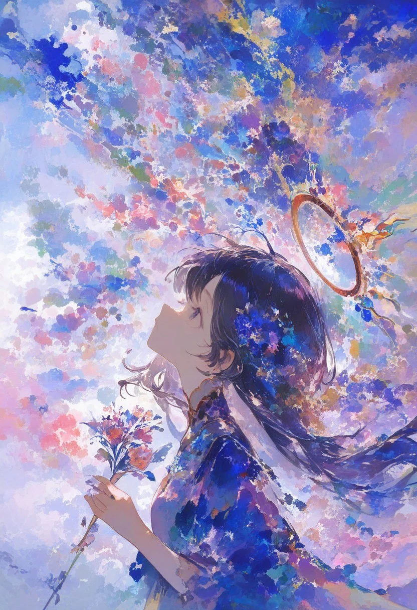1girl, solo, colorful, dress, expressionless, floating hair, faux traditional media, flower, from side, halo, holding, long hair, looking up, painterly, profile, upper body, abstract background, multicolored background, masterpiece, best quality, newest, very awa