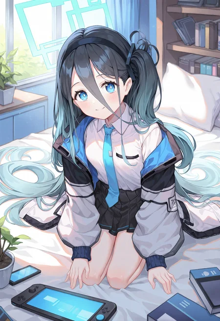 1girl, aris \(blue archive\), halo, indoors, long hair, blue eyes, necktie, solo, jacket, shirt, skirt, blue necktie, potted plant, black hair, looking at viewer, plant, hair between eyes, multicolored jacket, white shirt, very long hair, handheld game console, window, black hairband, collared shirt, pleated skirt, smile, bed, black skirt, bookshelf, curtains, hairband, closed mouth, pillow, long sleeves, one side up, blue hair, tablet pc, white jacket, open jacket, bedroom, multicolored clothes, two-tone jacket, cellphone, phone, book, on bed, open clothes, blush, shelf, kneeling, absurdly long hair, smartphone, nintendo switch, hair spread out, two-sided jacket,
masterpiece,best quality,newest,absurdres,highres,very awa,<lora:alguang1_noob1.1-000178:0.8>,