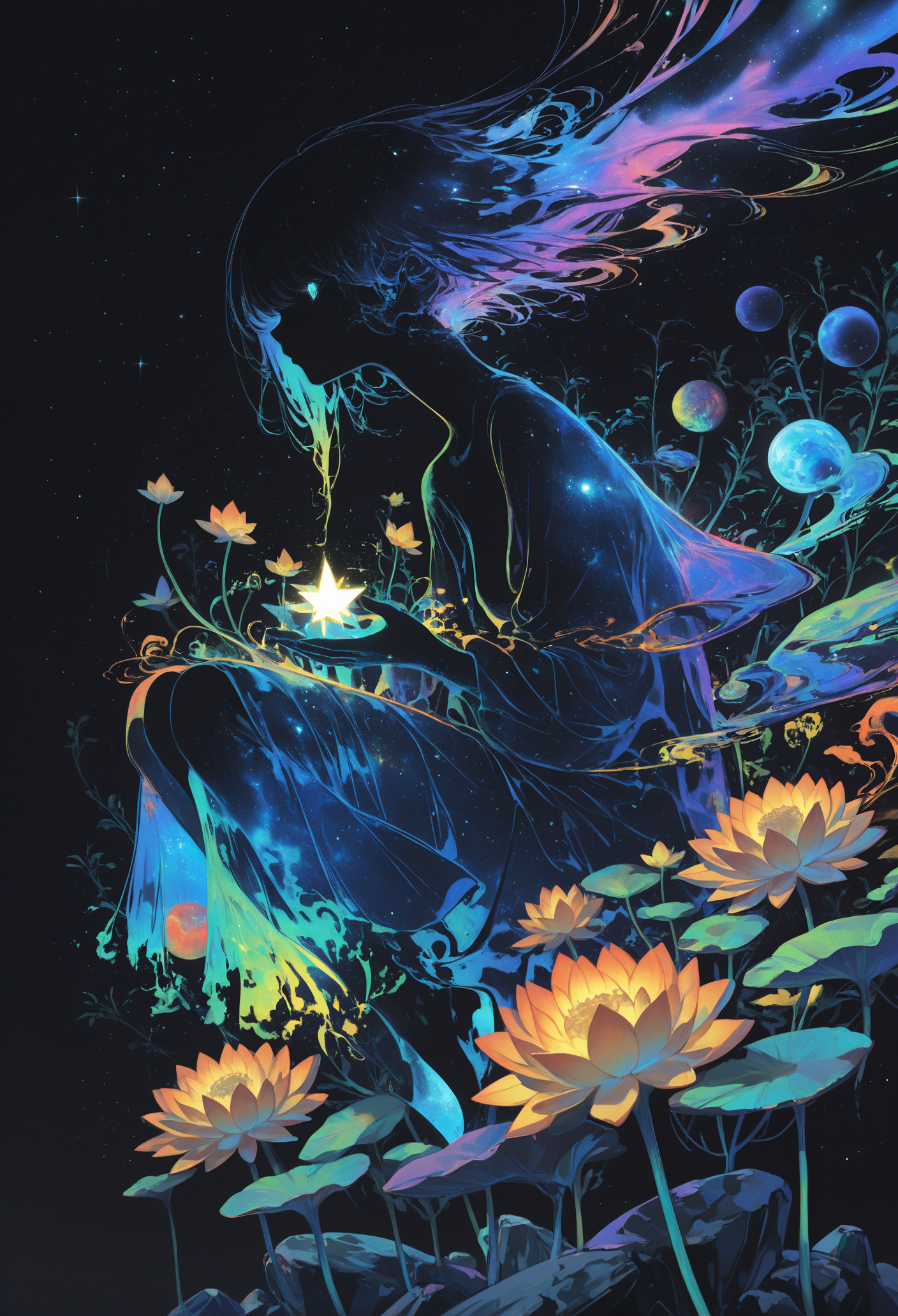 masterpiece, best quality, good quality, very awa, newest, highres, absurdres, no lineart, no outline, flower, outdoors, sky, no_humans, night, shadow, depth_of_field, glowing, plant, star_\(sky\), night_sky, scenery, light_particles, floating, starry_sky, yellow_flower, rock, space, orange_flower, still_life, lotus, galaxy, black_sky, floating_rock, colorful, psychedelic,surreal, vivid colors,from side,art deco, 15546+456868, r17329_illu,flatline