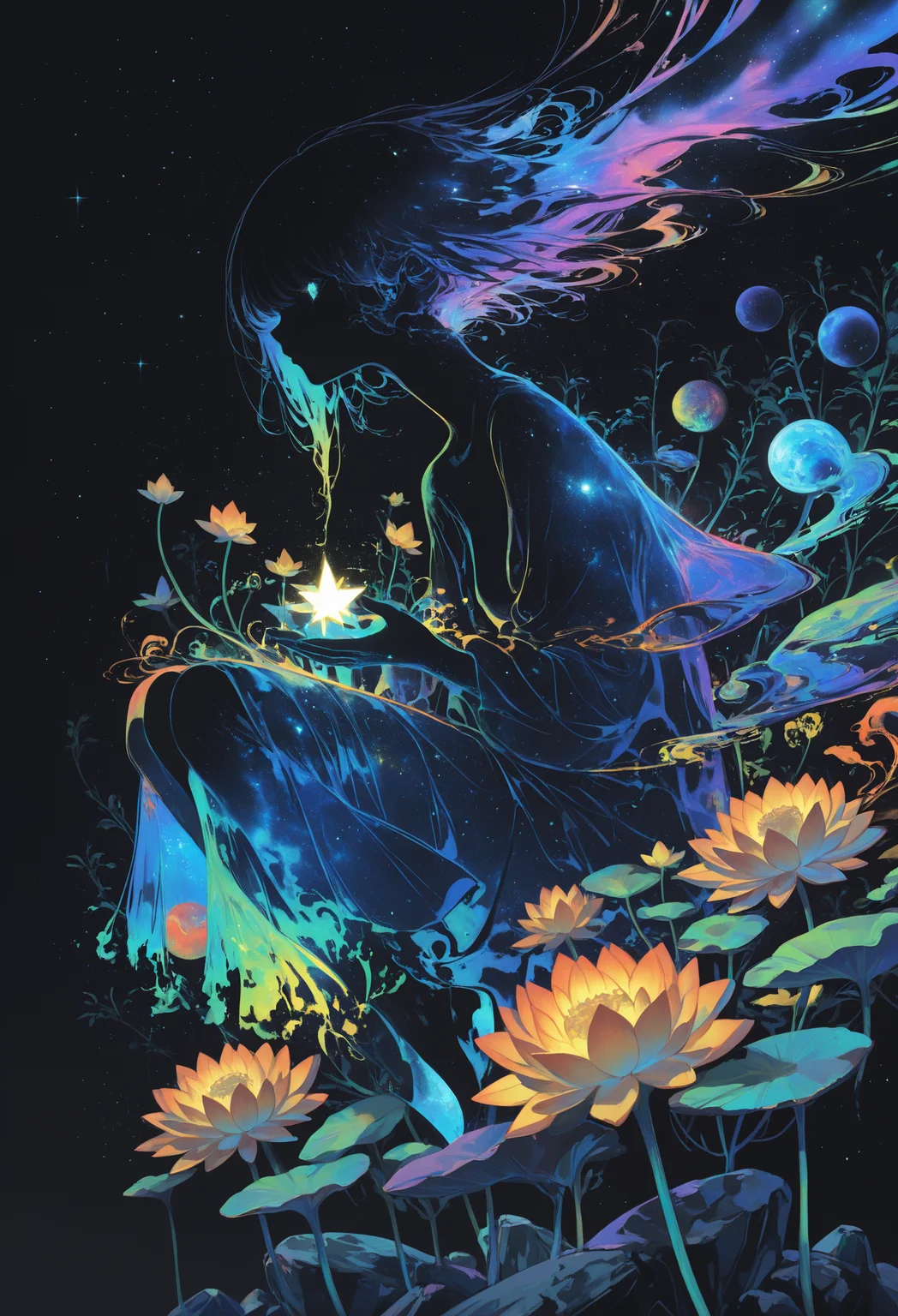 masterpiece, best quality, good quality, very awa, newest, highres, absurdres, no lineart, no outline, flower, outdoors, sky, no_humans, night, shadow, depth_of_field, glowing, plant, star_\(sky\), night_sky, scenery, light_particles, floating, starry_sky, yellow_flower, rock, space, orange_flower, still_life, lotus, galaxy, black_sky, floating_rock, colorful, psychedelic,surreal, vivid colors,from side,art deco, 15546+456868, r17329_illu,flatline