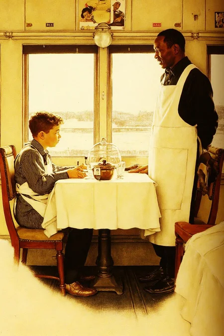 normanrockwell1 painting.
A scene inside a train's dining car.
On the left is a young boy sits at a small table. He is dressed in a striped shirt and suspenders, with a white apron tied around his waist.
On the right is an African American waiter, looking at the boy with a kind expression.
<lora:normanrockwell1_cap_d6a3e12:1.0><lora:841444291831262438:0>