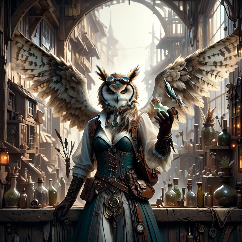 score_9, score_8_up, score_7_up, Owlfolk, feminine owl alchemist, building a clock work robot, in a curio shop, long copper colored feather, tinker-alchemist preparing potions and gadgets, 
side ponytail, Steampunk goggles, goggles on head,  (Alchemy and Tinker shop, blueprints on walls, tools, potions, bottles, workbench, wooden walls, wood furniture, schematics on wall, blueprints on wall, Interior:1.1)
(Cleavage:1.2), skirt, translucent shirt, green corset, panty shot, leather belt, Brown Backpack, too many pouches,  thighs, gloves