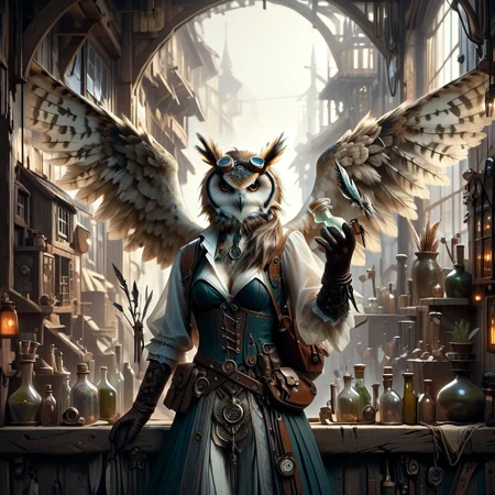score_9, score_8_up, score_7_up, Owlfolk, feminine owl alchemist, building a clock work robot, in a curio shop, long copper colored feather, tinker-alchemist preparing potions and gadgets,
side ponytail, Steampunk goggles, goggles on head, (Alchemy and Tinker shop, blueprints on walls, tools, potions, bottles, workbench, wooden walls, wood furniture, schematics on wall, blueprints on wall, Interior:1.1)
(Cleavage:1.2), skirt, translucent shirt, green corset, panty shot, leather belt, Brown Backpack, too many pouches, thighs, gloves
