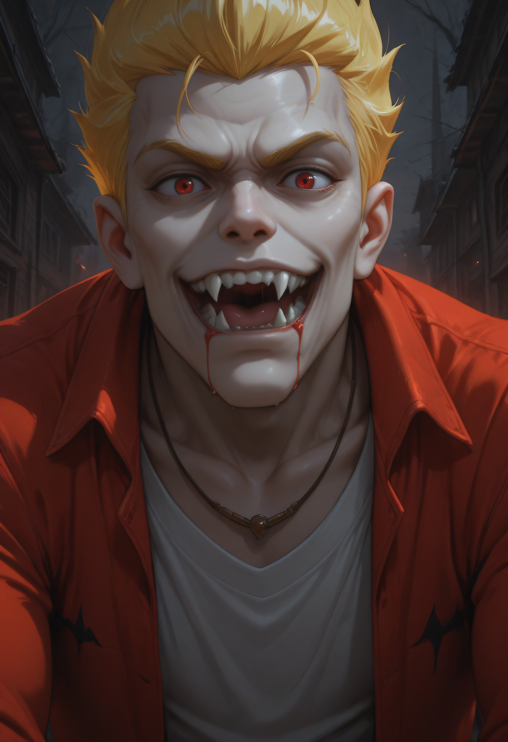1boy, mmystery_illustrious, vampire martin, vampire, pale skin, blonde hair, fangs, dripping blood, dripping fangs, red eyes, red yellow jacket, necklace, dynamic angle.