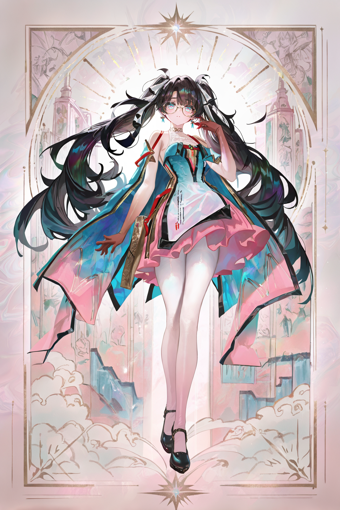 8k, masterpiece, best quality, amazing quality, very aesthetic, absurdres, (ultra-detailed), (high detailed skin), 
((artist:betabeet)), artist:john_kafka, artist:nixeu, artist:quasarcake, (artist:fuzichoco), (artist:atdan), (artist:torino_aqua), 
(by xilmo, by modare, by reoen:1.1), (hyperrealistic:1.1), (high_contrast:1.1), (holy_(\theme\):1.2), (card_\(theme\):1.1), solo, (white-color-scheme:1.1), character card, abstract sun, moon and stars, solo, 
<lora:zhezhi-noob-Tanger:0.9>, zhezhi, default clothes, white pantyhose, 1girl, long hair, black hair, glasses, twintails, dress, black footwear, 
<lora:neg101-000008:0.5>, murals, holy light, mural sun, simple white background, angels come, clouds, card border, frame pattern, facial lighting,