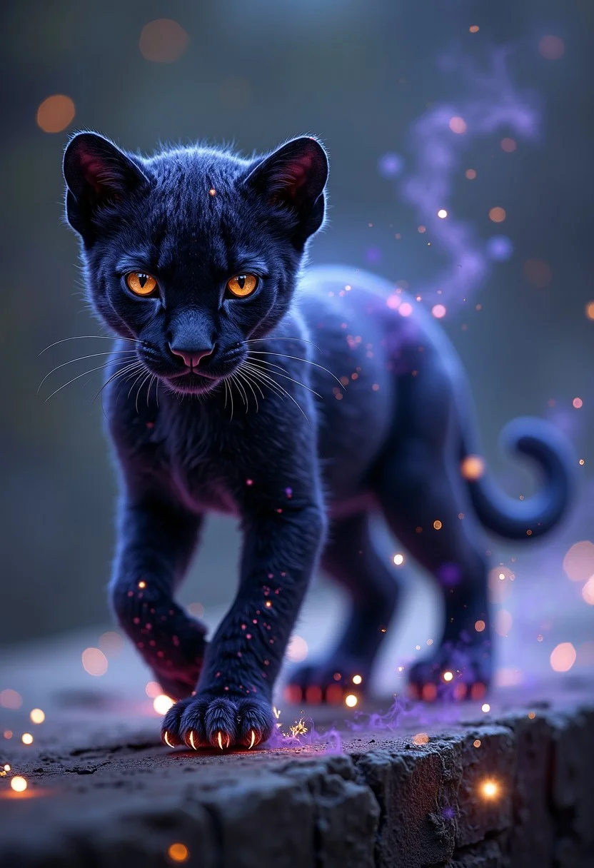 Imagine a pet that is a small panther cub infused with the cosmos. Its fur is a deep, velvety black, but as it moves, its coat shimmers with swirling galaxies, constellations, and distant stars. The creature’s eyes glow like twin moons, shifting between silver and deep purple, and its claws leave faint traces of stardust wherever it walks. Its body moves with feline grace, but when it runs, it appears to phase in and out of reality, leaving behind trails of nebula-like mist. The creature is both mysterious and majestic, a loyal companion to any star-gazing mage.