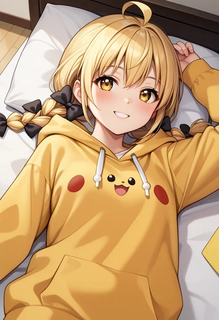 score_9, score_8_up, score_7_up, source_anime, 
detailed eyes, eye reflection,
fujita kotone, blonde hair, braid, twin braids, yellow eyes, twintails, low twintails, ahoge,
hair bow, black bow,
<lora:pikachu-cosplay-ponyxl-lora-nochekaiser:1>, pikachucosplay, pikachu \(pikachu\), character print, hood, hoodie, yellow hoodie,
indoors,
1girl, blush, smile,
lying down,