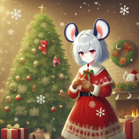An illustration of mouse girl wear christmas clothes take an unbrella  beside a christmas tree, with a lot of snowflakes fall down